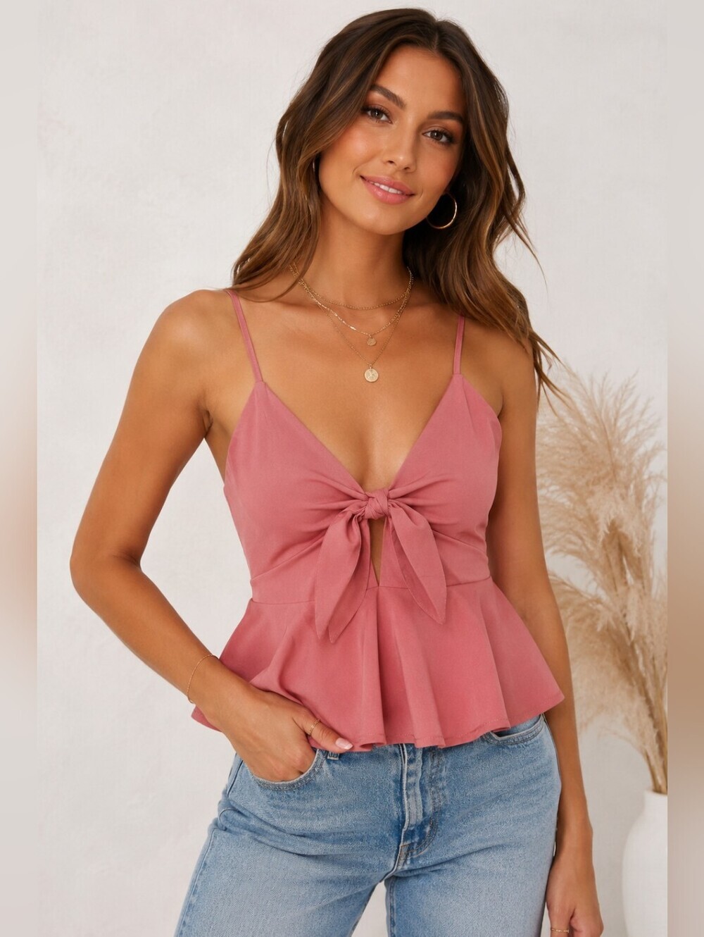 SHEIN Women Pink Tie Front Peplum Cami Top Sleeveless Flowy Size M NWT.